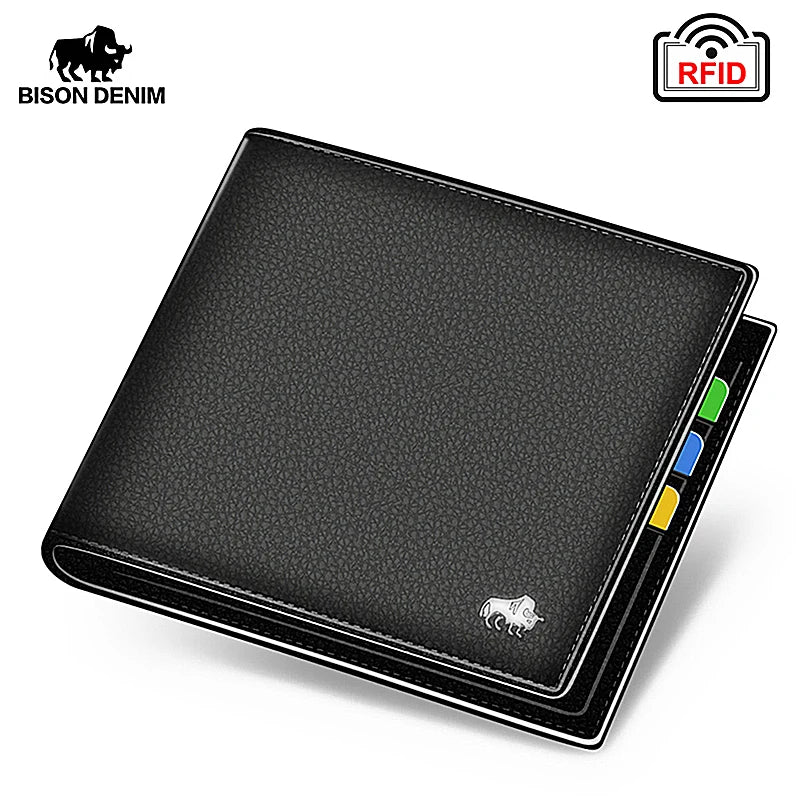 BISON DENIM Genuine Leather Men Wallets RFID Bifold