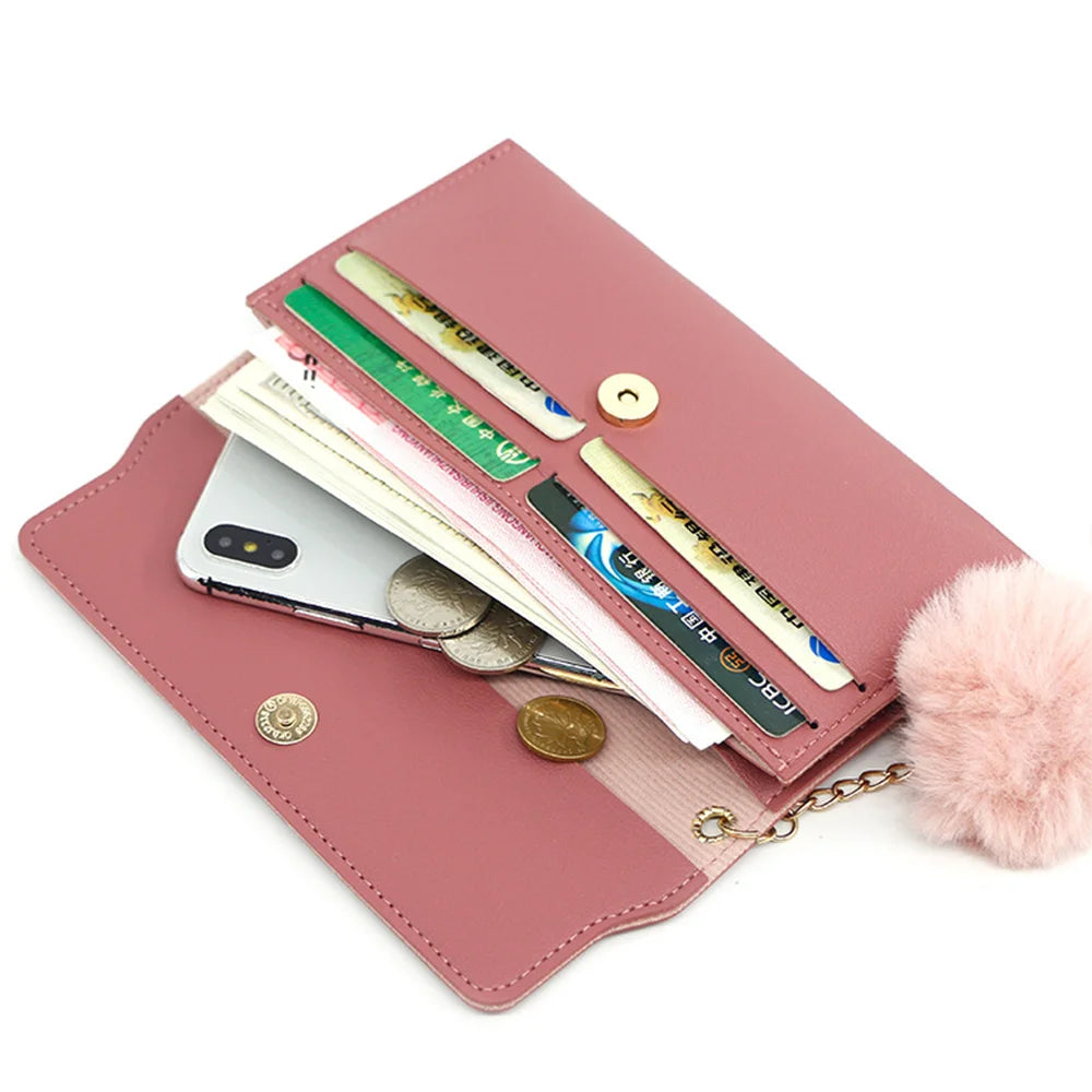 Fashionable Long Pure Color Wool Ball Bow Wallets