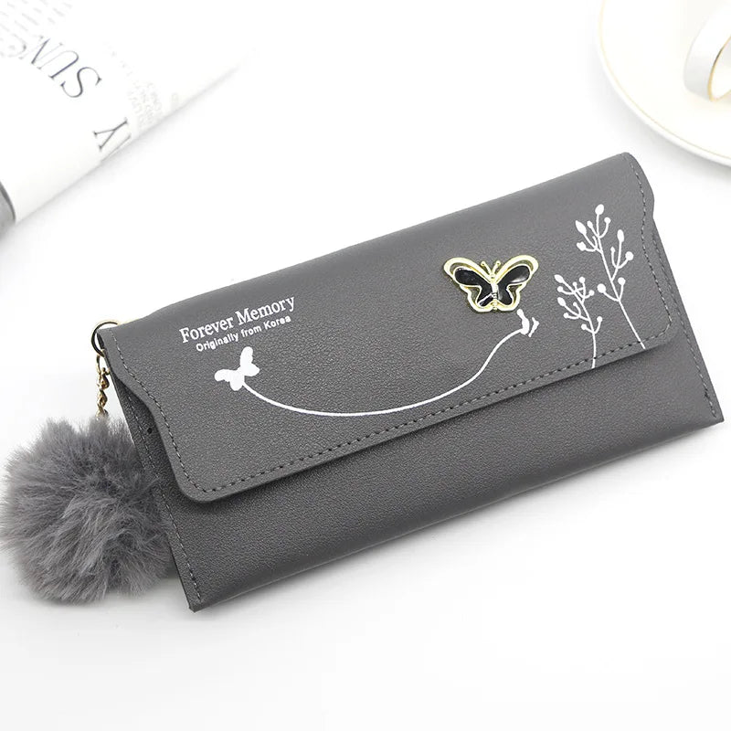 Fashionable Long Pure Color Wool Ball Bow Wallets