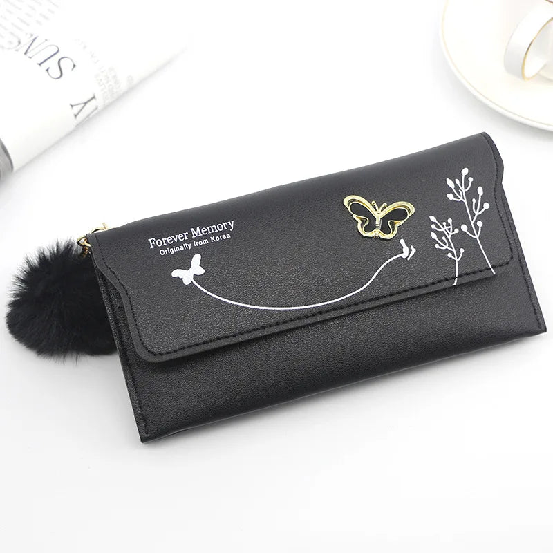 Fashionable Long Pure Color Wool Ball Bow Wallets