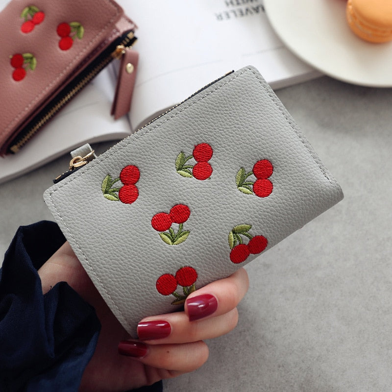 Vertical Buckle Cherry Embroidered Short Wallet