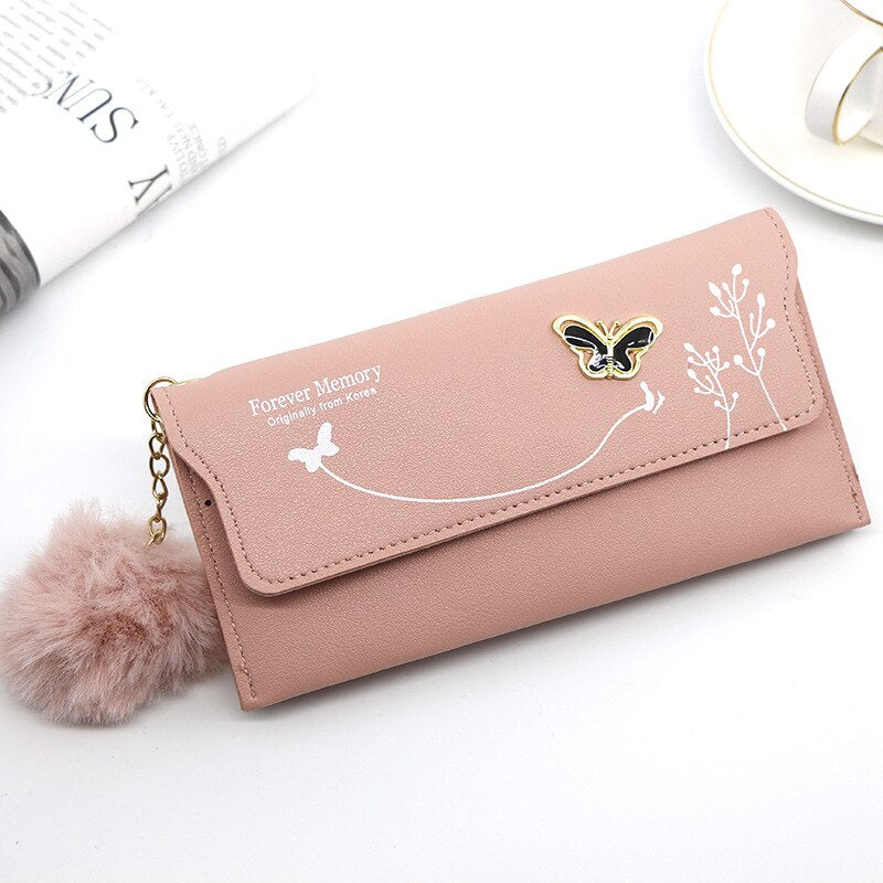 Fashionable Long Pure Color Wool Ball Bow Clutch Wallets