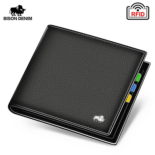 BISON DENIM Genuine Leather Men Wallets RFID Bifold