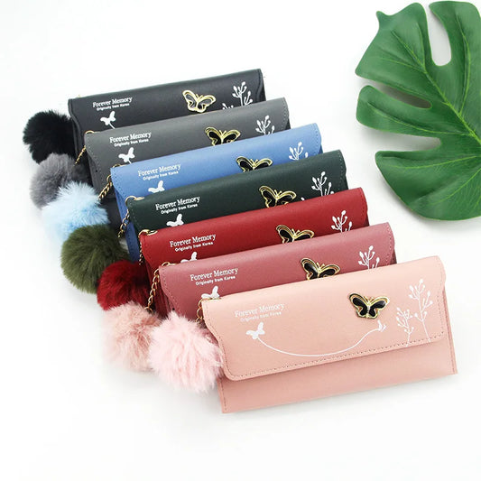 Fashionable Long Pure Color Wool Ball Bow Wallets
