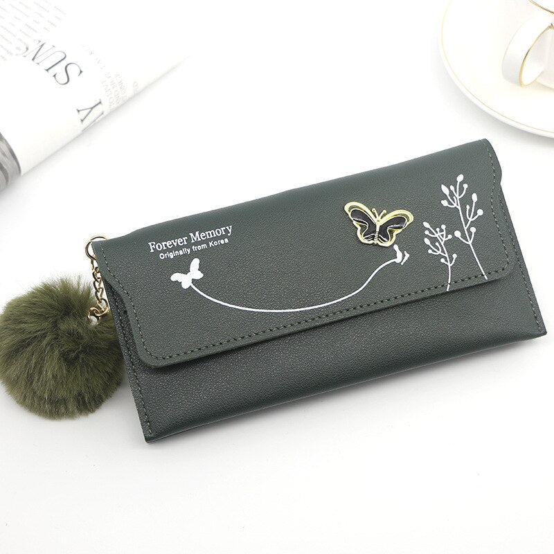 Fashionable Long Pure Color Wool Ball Bow Clutch Wallets