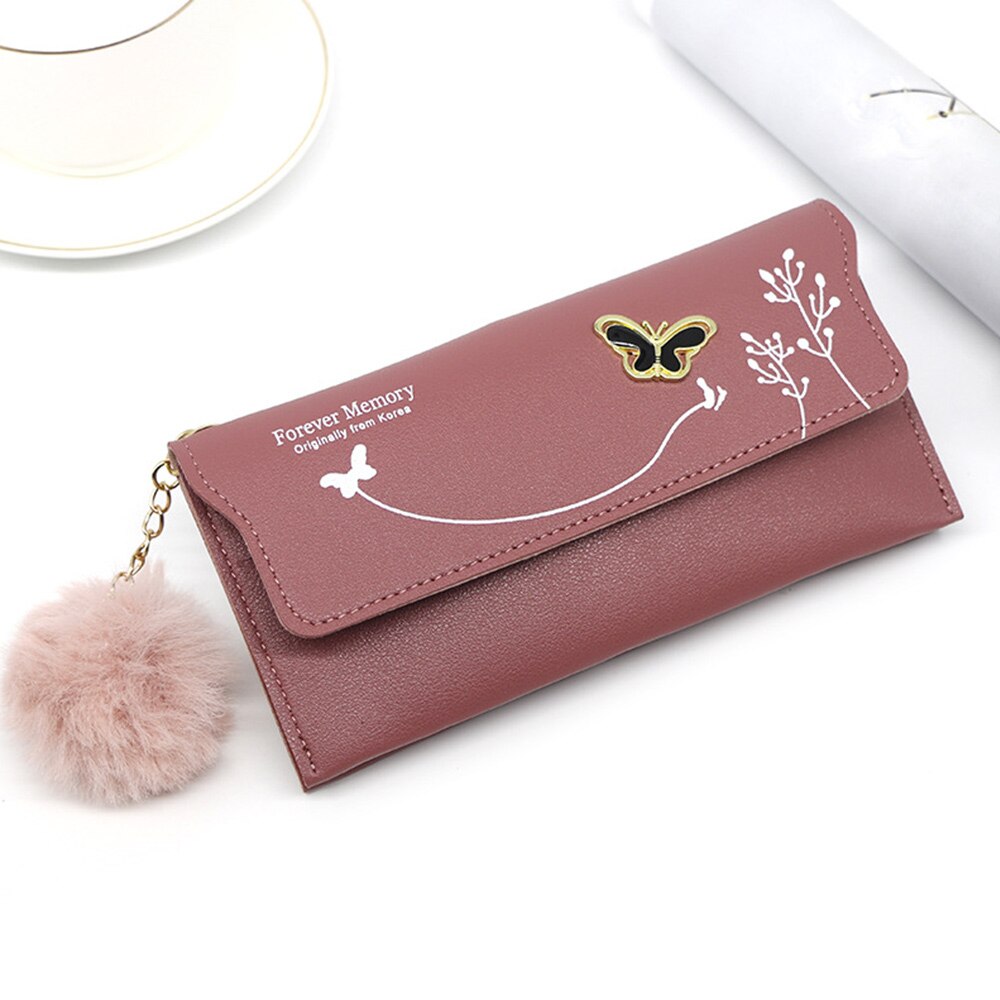 Fashionable Long Pure Color Wool Ball Bow Clutch Wallets