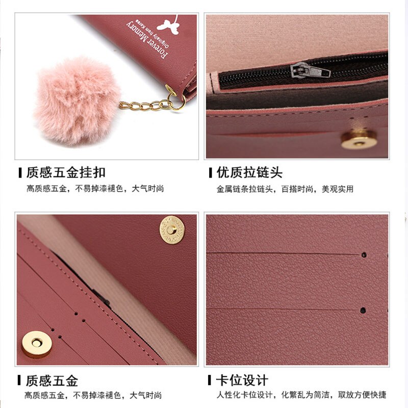 Fashionable Long Pure Color Wool Ball Bow Clutch Wallets