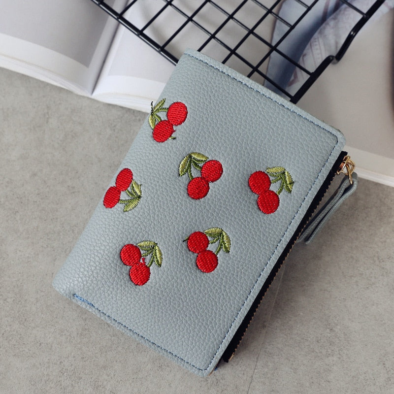 Vertical Buckle Cherry Embroidered Short Wallet