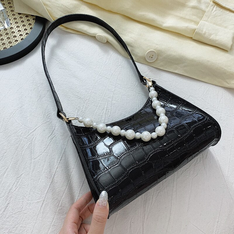 Retro PU Leather Fashion Pearl Top Underarm Bag