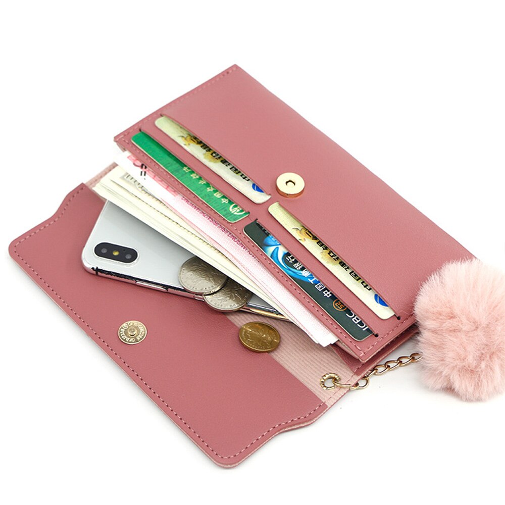 Fashionable Long Pure Color Wool Ball Bow Clutch Wallets