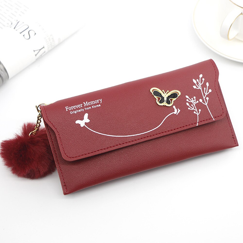 Fashionable Long Pure Color Wool Ball Bow Clutch Wallets