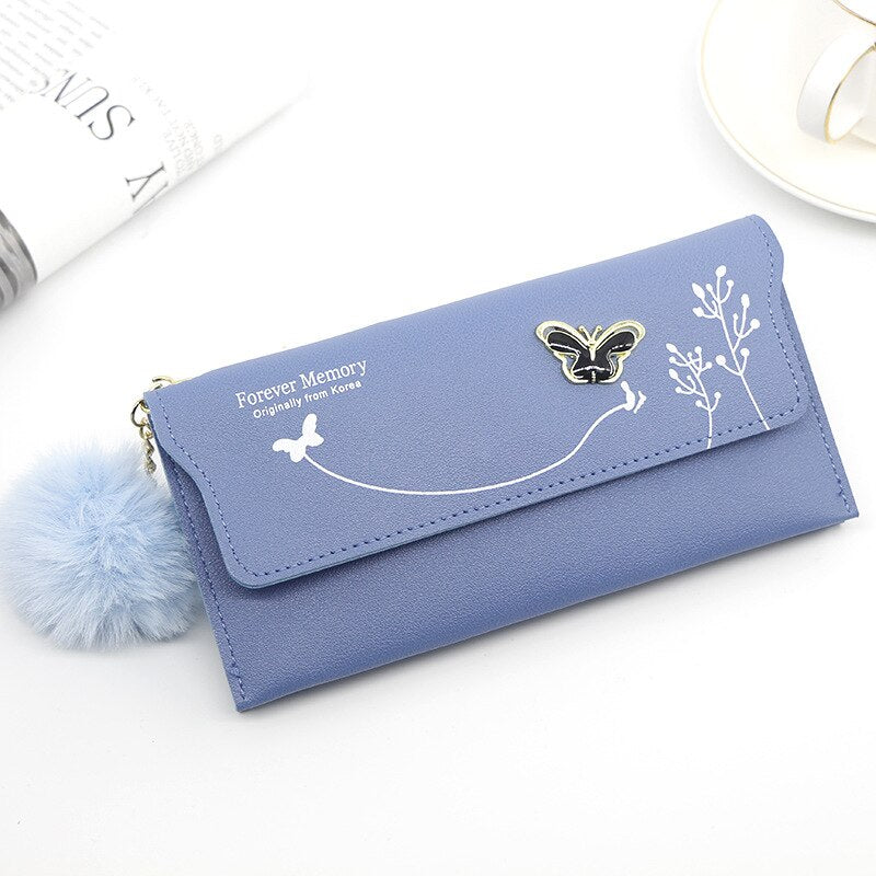 Fashionable Long Pure Color Wool Ball Bow Clutch Wallets