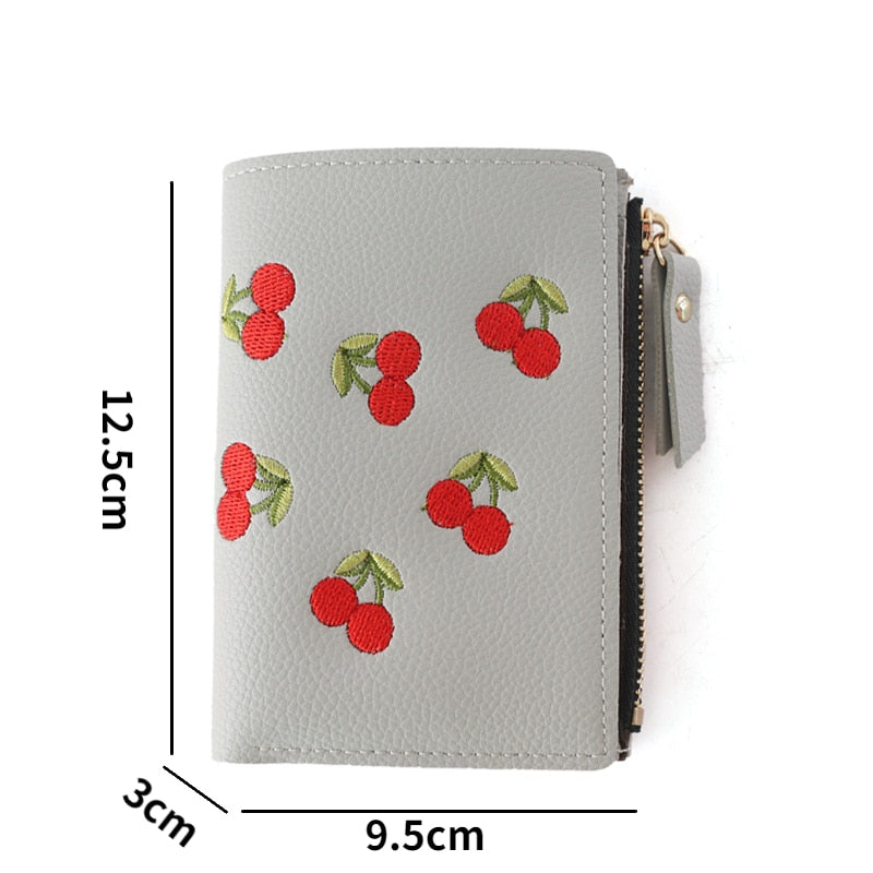 Vertical Buckle Cherry Embroidered Short Wallet