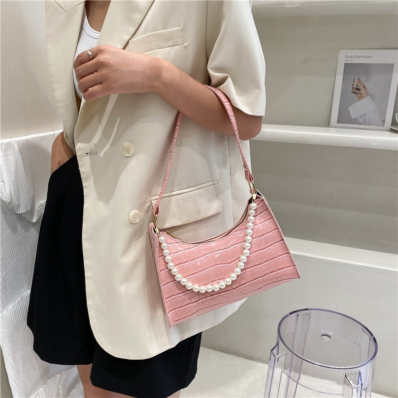 Retro PU Leather Fashion Pearl Top Underarm Bag