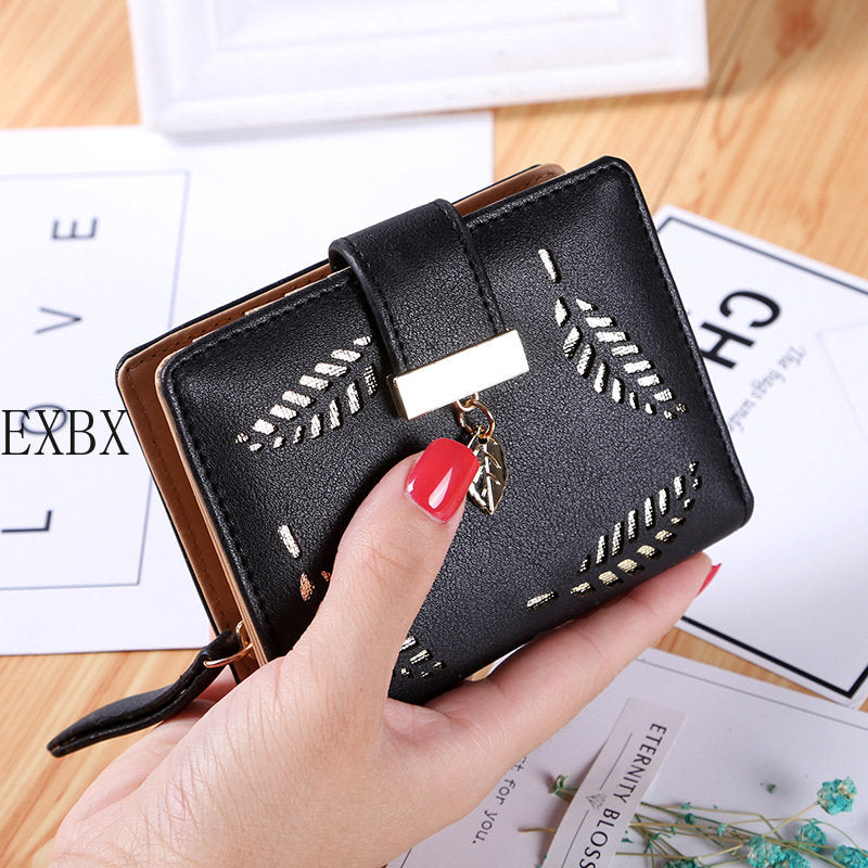 Hollow Golden Leaf Buckle PU Leather Wallet