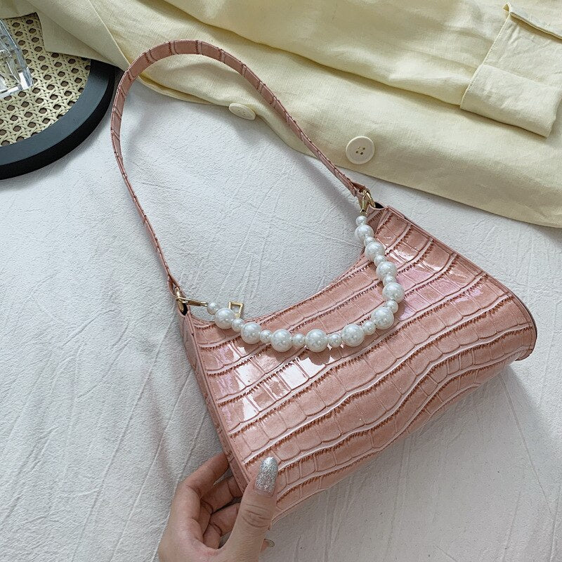 Retro PU Leather Fashion Pearl Top Underarm Bag