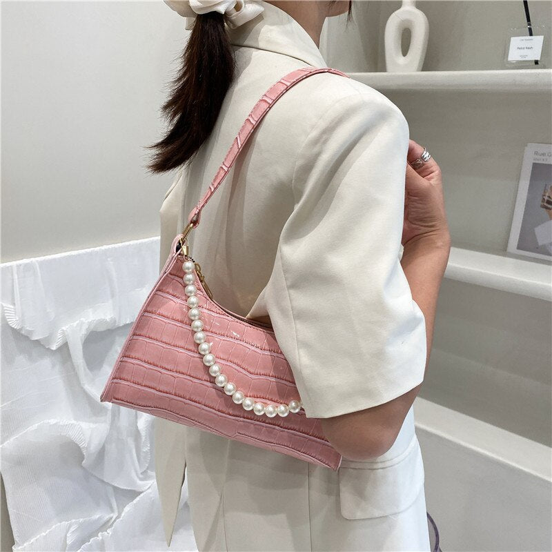 Retro PU Leather Fashion Pearl Top Underarm Bag