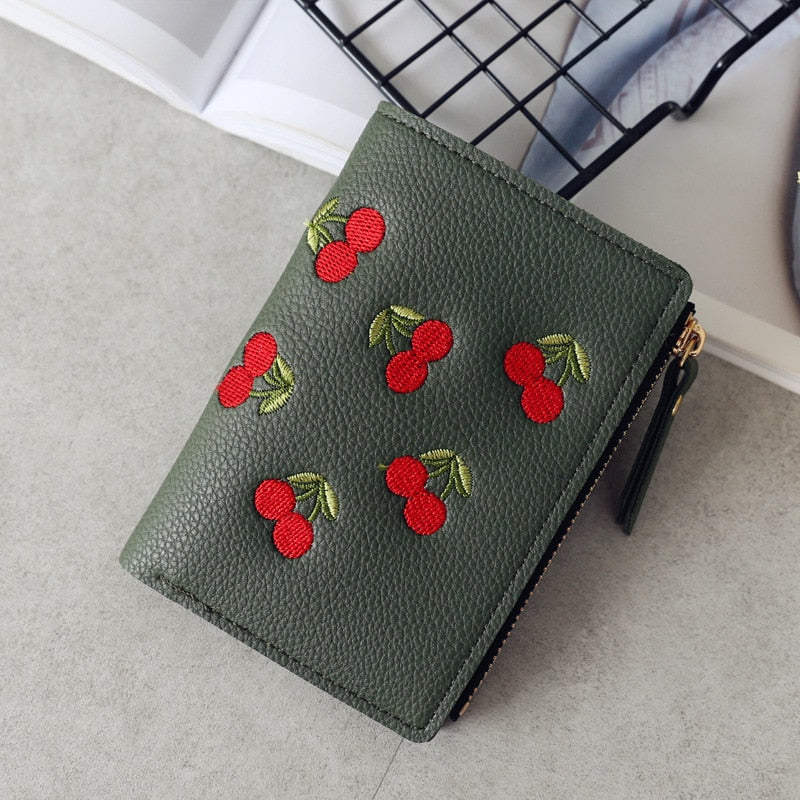 Vertical Buckle Cherry Embroidered Short Wallet