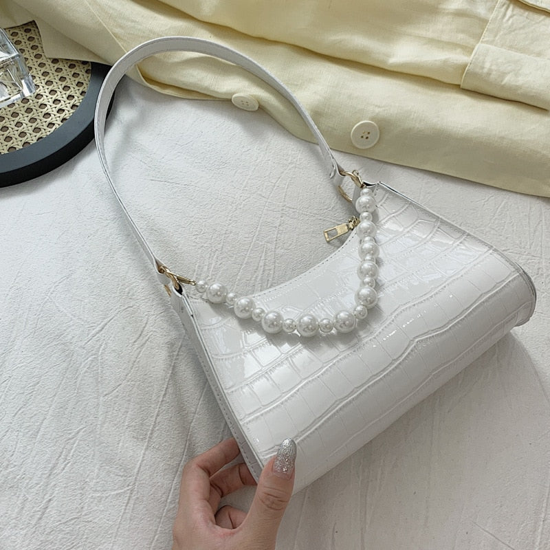 Retro PU Leather Fashion Pearl Top Underarm Bag