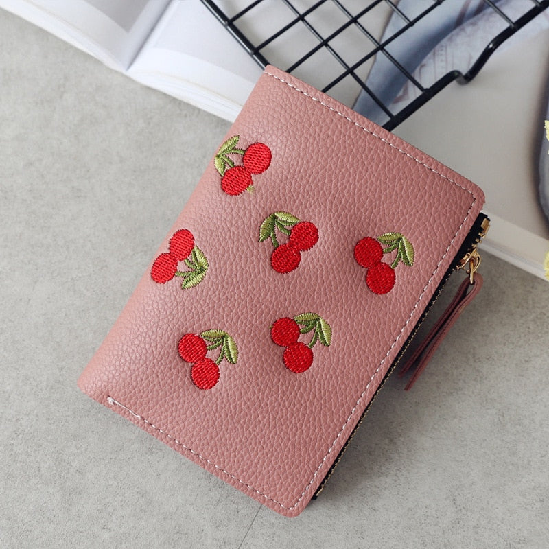 Vertical Buckle Cherry Embroidered Short Wallet