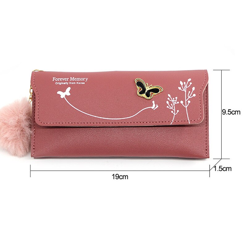 Fashionable Long Pure Color Wool Ball Bow Clutch Wallets