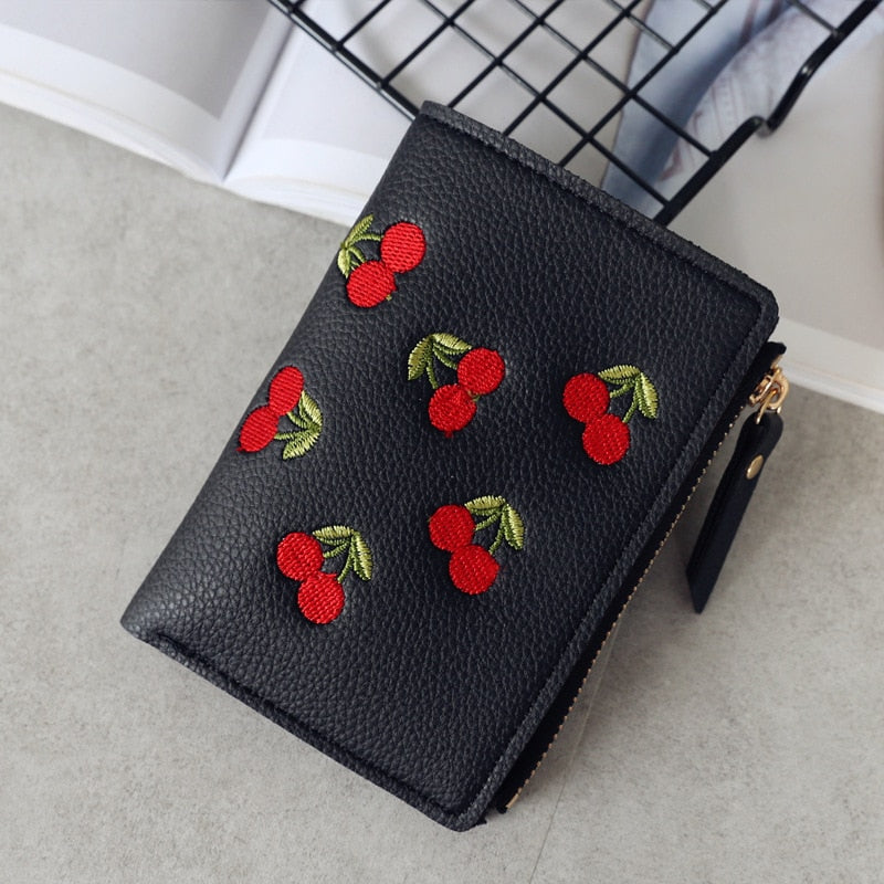 Vertical Buckle Cherry Embroidered Short Wallet