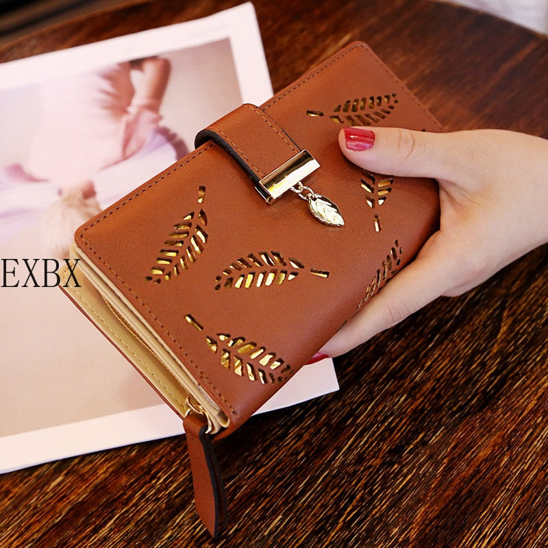 Hollow Golden Leaf Buckle PU Leather Wallet