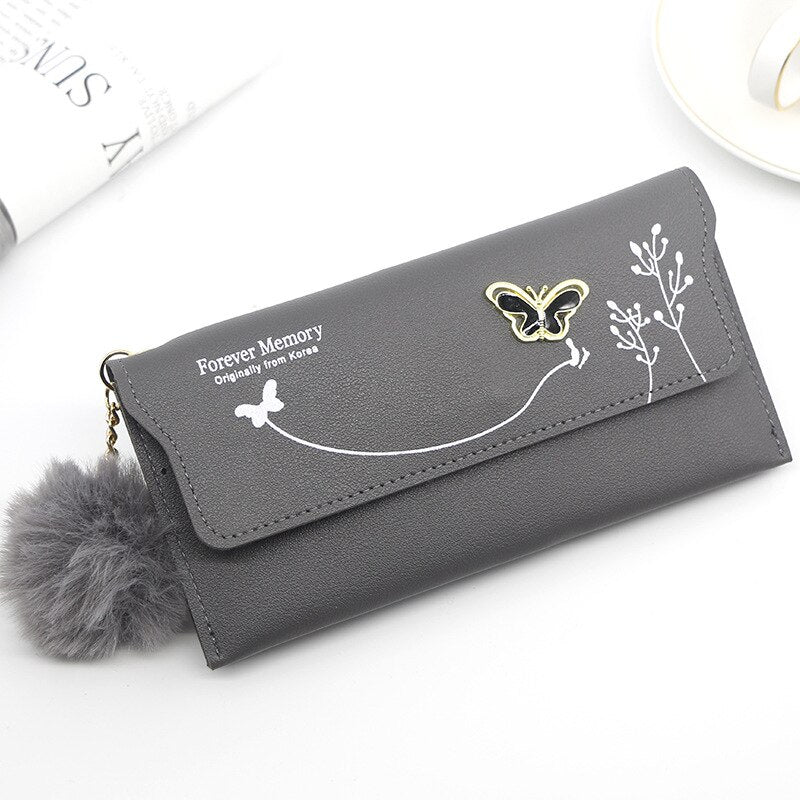 Fashionable Long Pure Color Wool Ball Bow Clutch Wallets