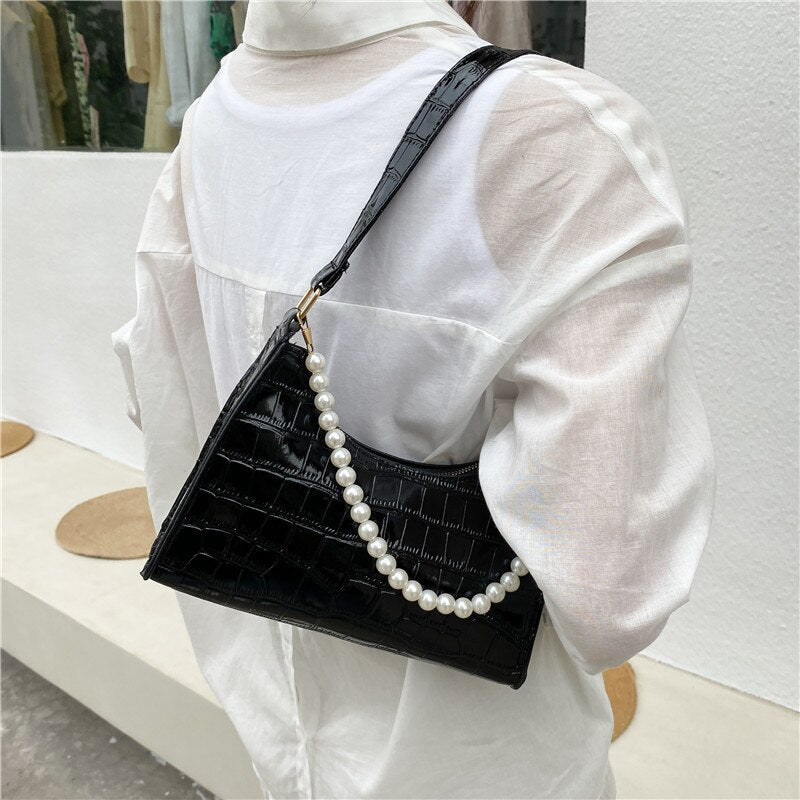 Retro PU Leather Fashion Pearl Top Underarm Bag