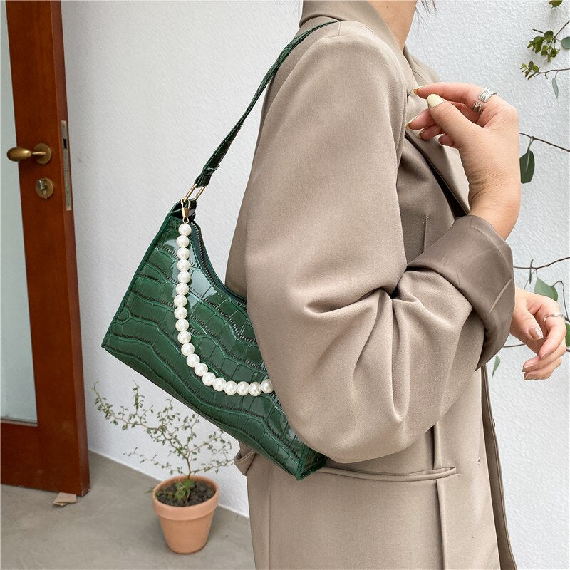 Retro PU Leather Fashion Pearl Top Underarm Bag