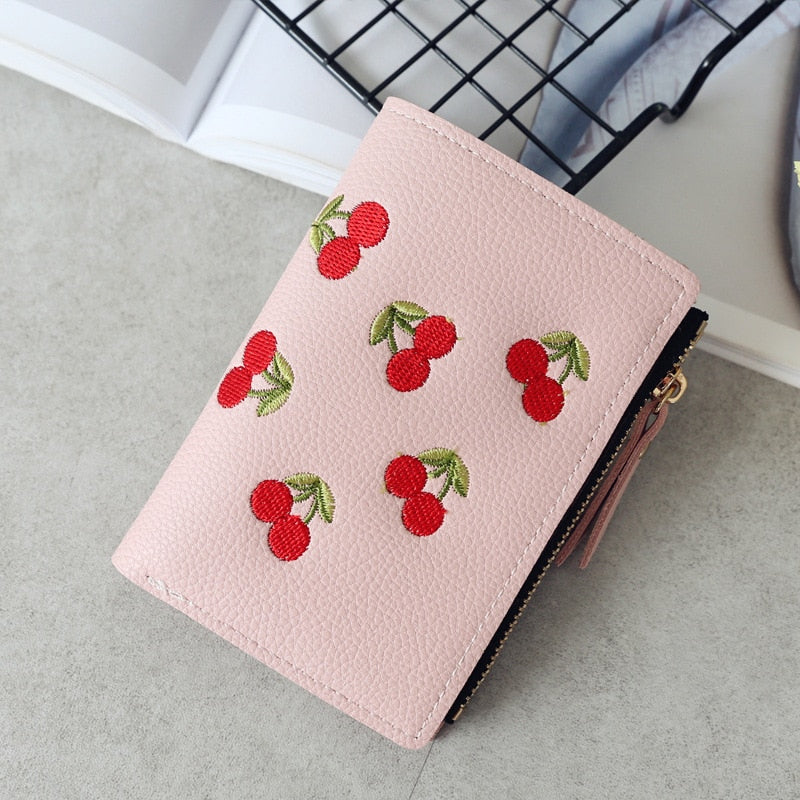 Vertical Buckle Cherry Embroidered Short Wallet