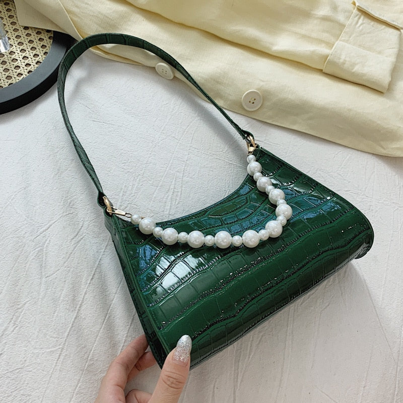 Retro PU Leather Fashion Pearl Top Underarm Bag