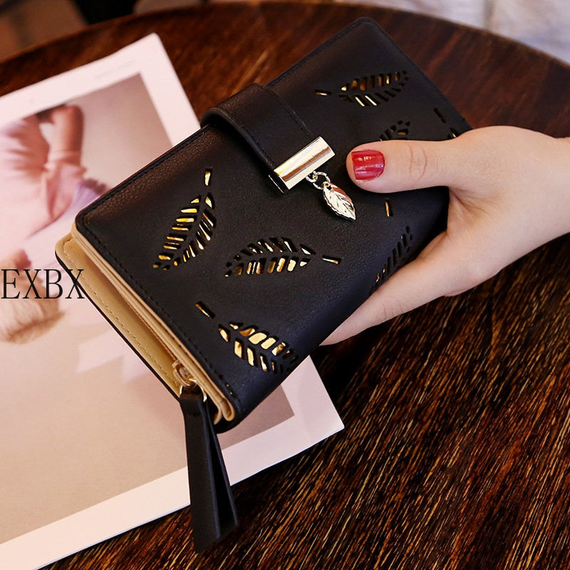 Hollow Golden Leaf Buckle PU Leather Wallet