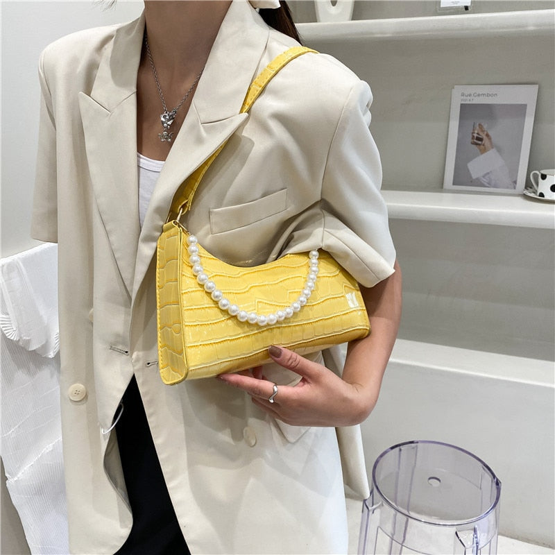 Retro PU Leather Fashion Pearl Top Underarm Bag