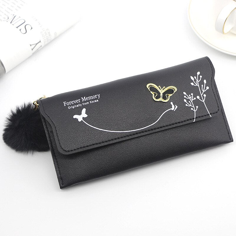 Fashionable Long Pure Color Wool Ball Bow Clutch Wallets