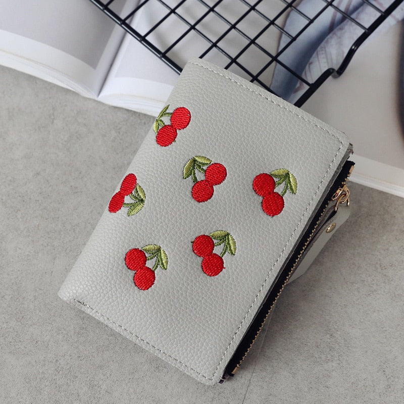 Vertical Buckle Cherry Embroidered Short Wallet