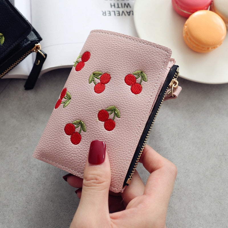 Vertical Buckle Cherry Embroidered Short Wallet