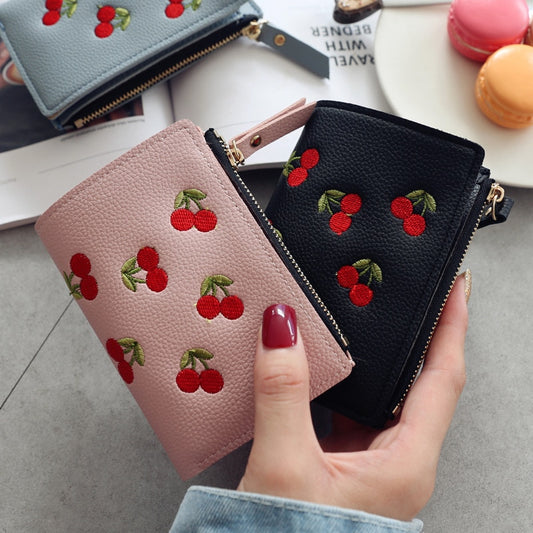 Vertical Buckle Cherry Embroidered Short Wallet