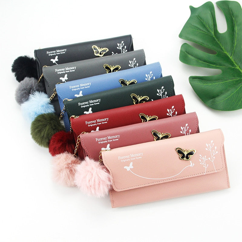 Fashionable Long Pure Color Wool Ball Bow Clutch Wallets